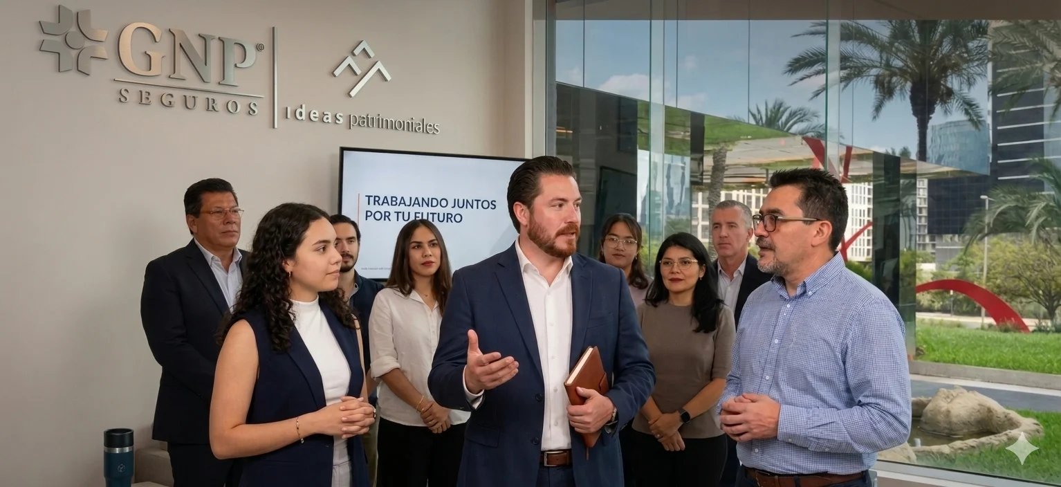 Group of professionals networking and conversing in a modern office lobby with GNP Seguros signage visible
