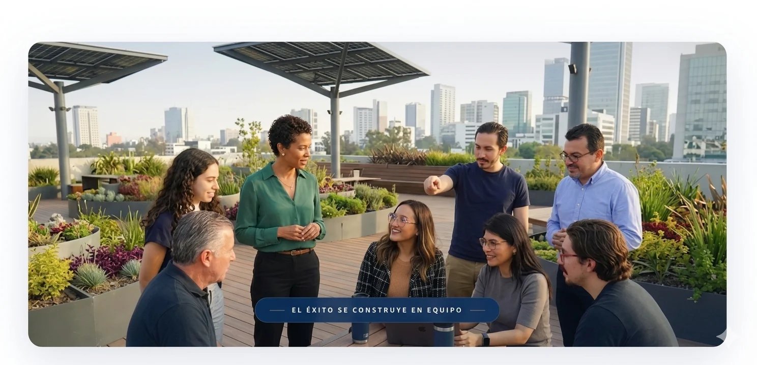 Group of diverse professionals having a discussion on a rooftop terrace with city skyline in the background