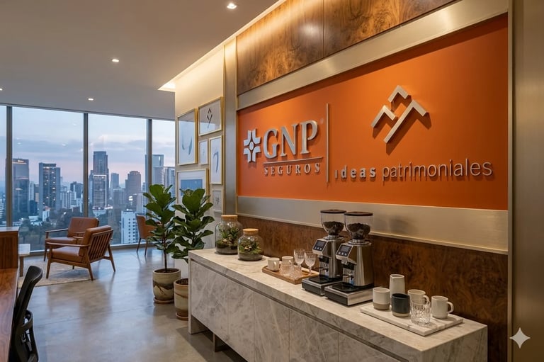 Modern office lobby with CAP logo on orange wall, marble reception desk, and floor-to-ceiling windows overlooking city skyline
