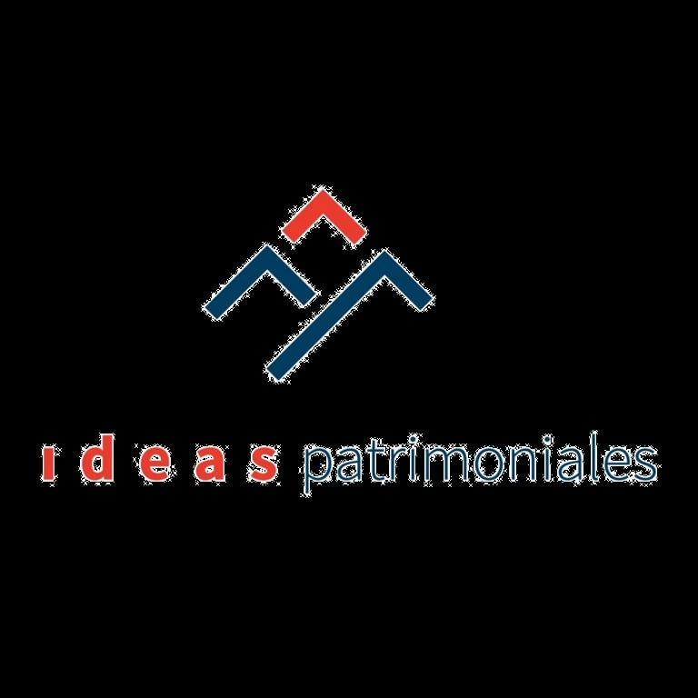 Ideas patrimoniales logo featuring a stylized house outline in blue and red with text below