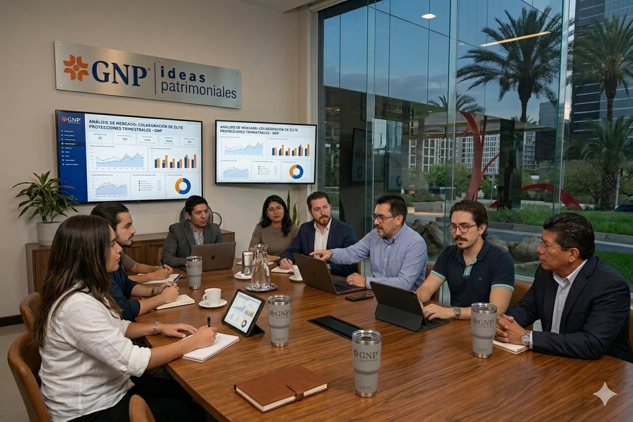 Business meeting at GNP conference room with seven professionals seated around wooden table, presentation screens visible on wall.